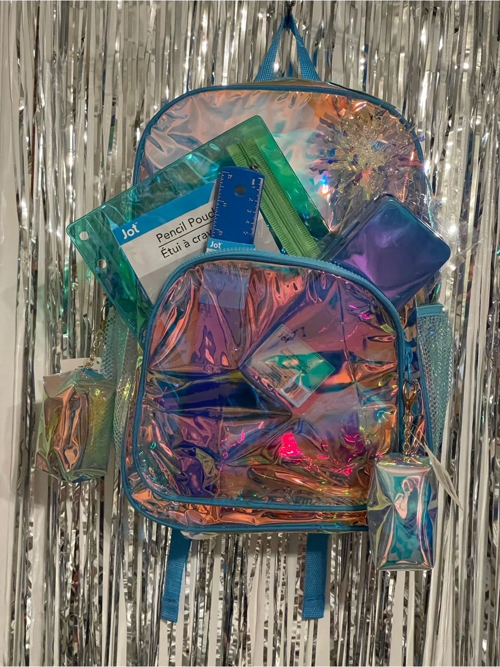 Iridescent Holographic Backpack - Blue Trim W/ Accessories
